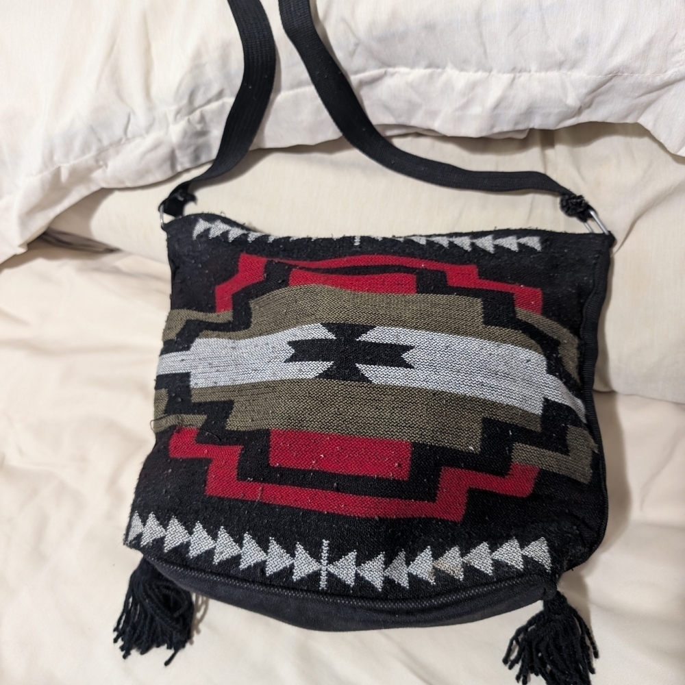 Vintage Western Patterned Black and Red Accents Boho Bag